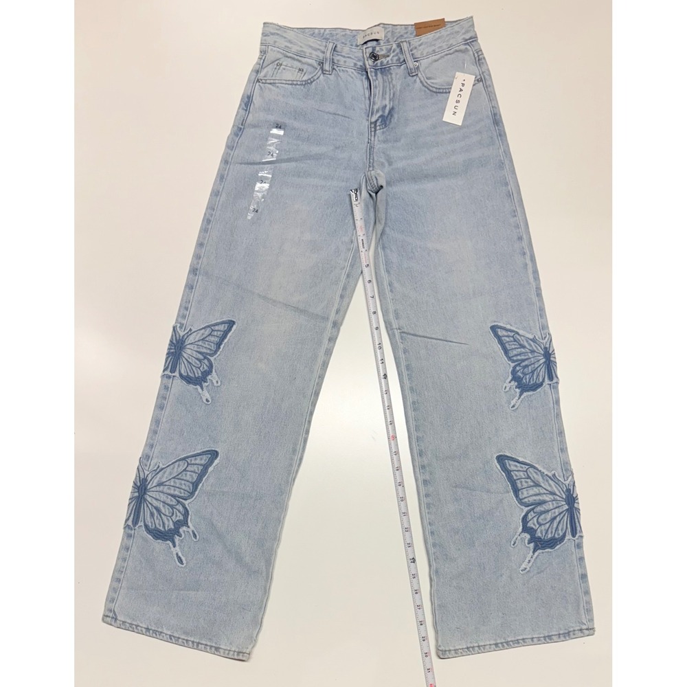 PacSun Casey Low Rise Baggy Jeans Light Wash Butterfly Graphic Blue Size 24 NWT